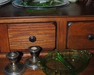 Green depression pieces and weighted STERLING small candlesticks
