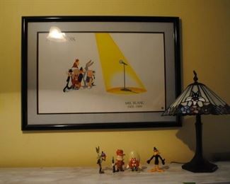 Speechless Mel Blanc framed and matted print, Looney Tunes stain glass lamp and 4 fgiures