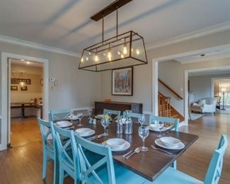 planked dining table, 8 chairs and matching buffet