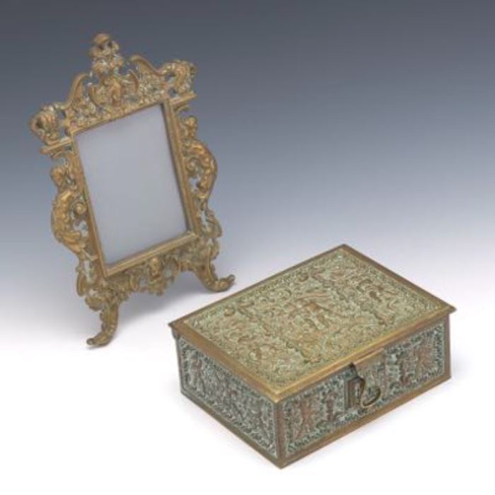  Bronze Humidor Box by Erhard  Sohne of Schwabisch Gmund, Germany, ca. 1900, and a Bronze Picture Frame 