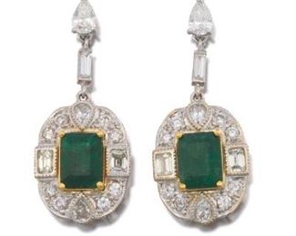  Pair of Diamond and Emerald Pendant Earrings, GIA Report 