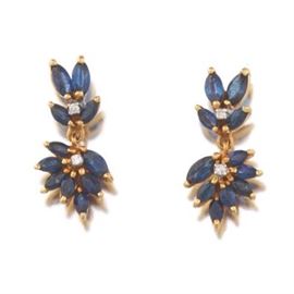 A Pair of Gold, Blue Sapphire and Diamond Pendant Earrings 
