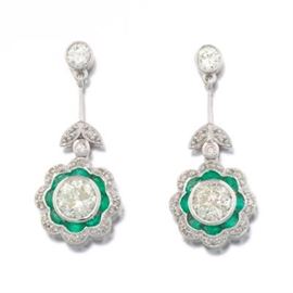 A Pair of Platinum, Emerald and Diamond Earrings 