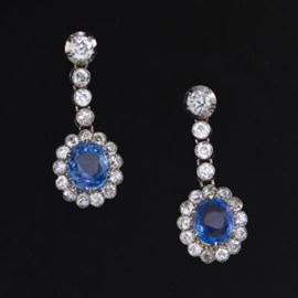 A Pair of Victorian Gold, Platinum, 5 ct Natural Blue Sapphire and Diamond Pendant Earrings