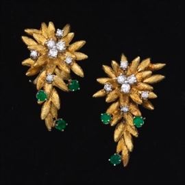 A Pair of Vintage Diamond and Emerald Floral Cascade Ear Clips 
