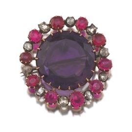 Antique Amethyst, Diamond and Synthetic Ruby Brooch 