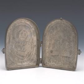 Antique English Pewter Travel Shrine of Jesus Christ and Saint Peter 