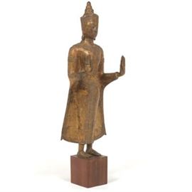 Antique Gilt Bronze Large Sculpture of Standing Buddha in Double Abhaya Mudra, on Wood Base, Thailand, ca. 19th Century 
