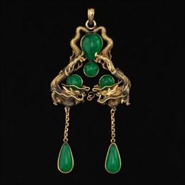 Antique Gold and Green Jade Chinoiserie Dragon Pendant 