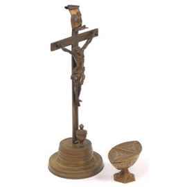 Antique Patinated Bronze and Mixed Metals Crucifix and Gothic Revival Gilt Bronze Ecclesiastical Vessel 