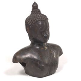 Antique Patinated Gold Splash Bronze Buddha Bust, Thailand, ca. 19th Century 
