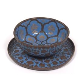 Antique Persian Safavid Style Patinated Copper Alloy, Enamel and Gilt Bowl and Underplate