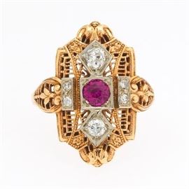 Art Deco Gold, Diamond and Synthetic Ruby Ring 