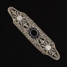 Art Deco Platinum Brooch with Diamonds and Sapphires 