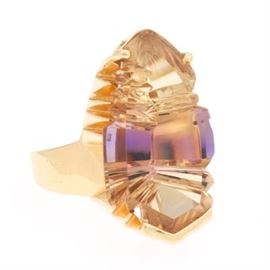 Artisan Carved Ametrine and Gold Ring 