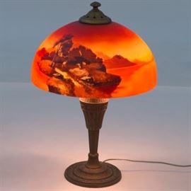 At Deco Style Gilt Metal Lamp with Reverse Painted Shade