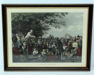 Hand Colored Lithograph of George Caleb Bingham's "Stump Speaking" On Heavy Textured Paper, Framed 30.25"W x 23.75"H