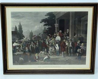 Hand Colored Lithograph of George Caleb Bingham's "The County Election", Engraved By John Sartain, On Heavy Textured Paper, Framed 30.25"W x 23.75"H