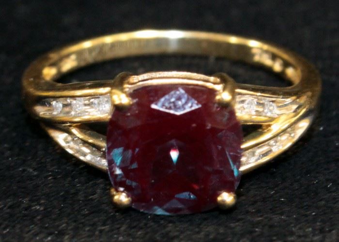 10K Gold Ring With Lab Made Alexandrite And Real Diamonds, Size 7 1/2