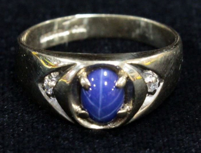 10K Gold Ring With Blue Star Sapphire And Diamonds, Size 8 1/4