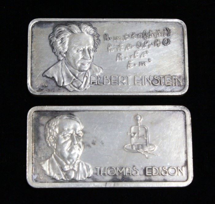 Hamilton Mint's "Our Greatest Americans" Series Silver Art Bars, One Troy Oz. .0999 Fine Silver, Albert Einstein And Thomas Edison, Qty 2