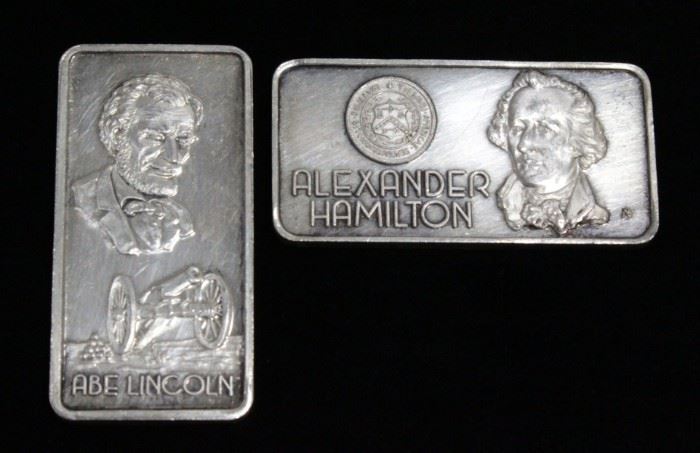 Hamilton Mint's "Our Greatest Americans" Series Silver Art Bars, One Troy Oz. .0999 Fine Silver, Abe Lincoln And Alexander Hamilton, Qty 2