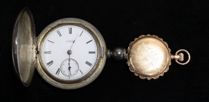 Antique A.W. Watch Company, Waltham, Mass. Pocket Watch With Sterling Silver Case And Elgin Pocket Watch In 14K Gold Essex Watch Co. Case