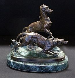 P. J. Mene Bronze Sculpture of Hunting Dogs On Marble Base 11"W x 10.5"H x 6"D