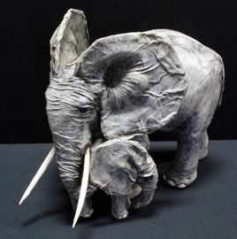 Leather Covered Statue of Elephant And Calf By T. Carnins Numbered 55 of 250, 21.5"W x 16.75"H x 12"D