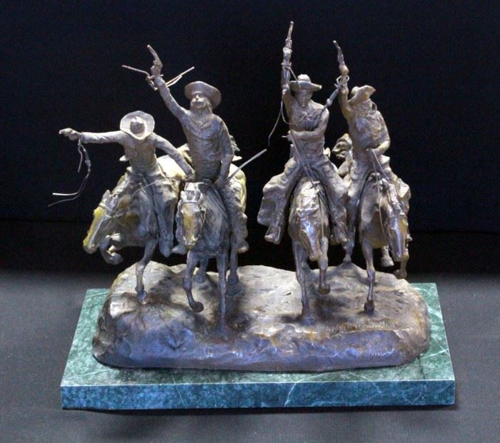 Frederic Remington "Coming Through The Rye" Bronze Statue On Marble Base, 15.75"W x 15"H x 11.75"D