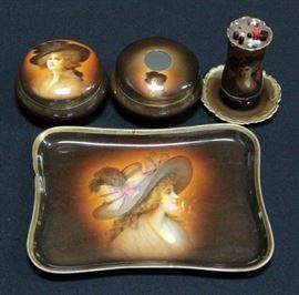 Vintage Zeh Scherzer & Co Bavaria Porcelain Trinket Covered Box, Hair Receiver, Hair Pin Holder And Tray, Rembrandt Portrait Design