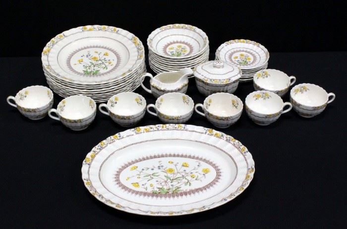 Copeland Spode China, "Buttercup" Design, , Serving Platter, Dinner Plates, Soup Bowls, Tea Cups, Saucers, Sugar And Creamer, Qty 39 Pieces