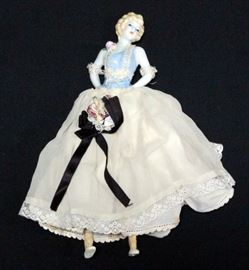 China Doll 9"L With Fabric Skirt, Undergarments And Lace Trim