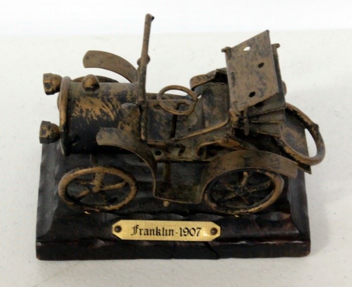 Vintage Collectible Franklin 1907 Scrap Art Metal Car Model And Colored Glass Oil Lamp 8.5"H