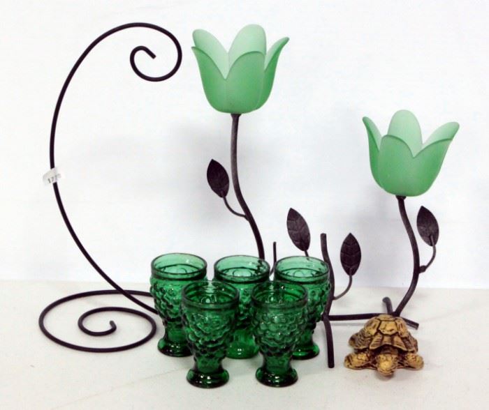 Green Glass And Wire Votive Candle Holder, Green Shot Glasses (5), Wire Jewelry/Ornament Hanger And More
