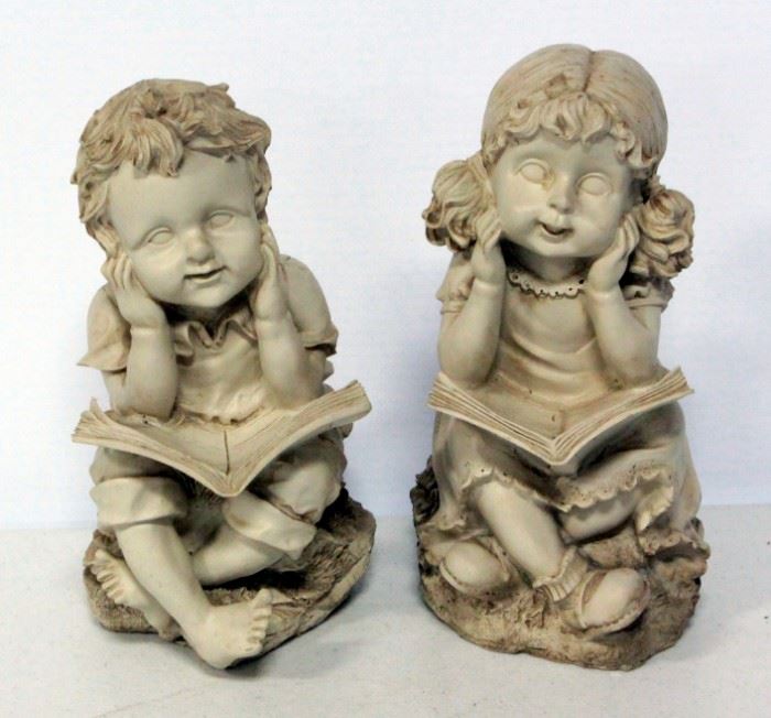 Figurines of Boy And Girl Sitting Outdoors Reading Books 10"H