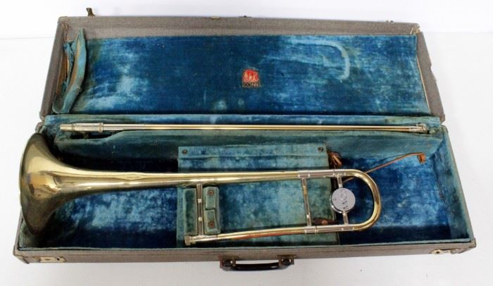 Conn Trombone With Mouth Piece And Music Holder, In Case