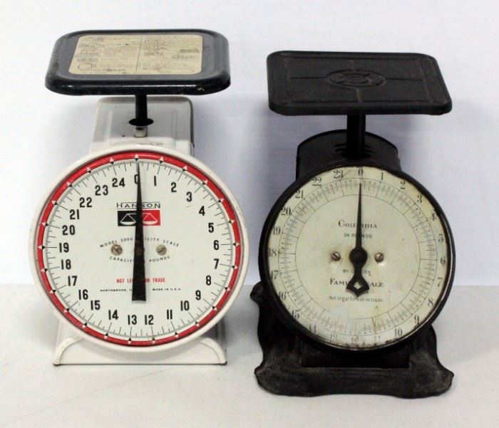 Vintage Kitchen Scales, Hanson Model 2000 25 Lb Capacity And Columbia Family Scale 24 Lb Capacity