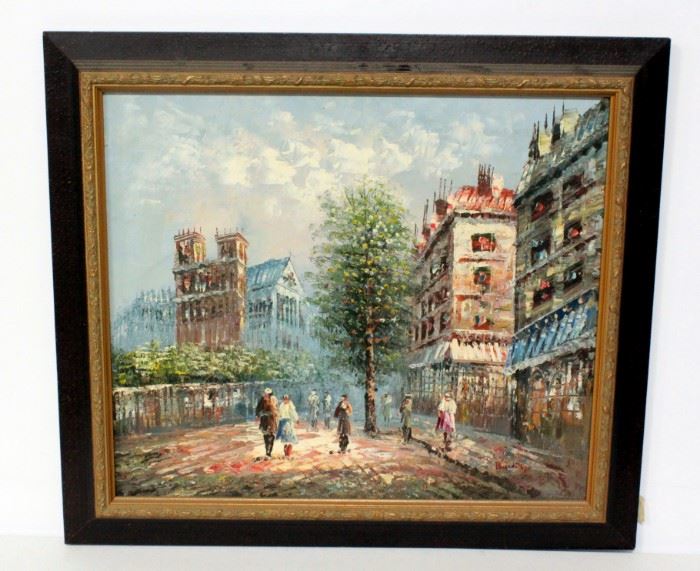 Original Oil Painting on Canvas of Street Scene, Tree And People, Framed 29"W x 25.5"H