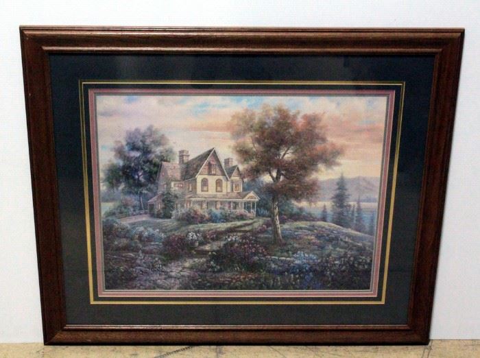 Print of Home And Gardens By Lake, Triple Matted, Framed 40.5"W x 34.75"H