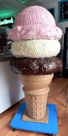 Large Fiberglass 3-D Ice Cream Cone, Triple Scoop, On Wheels, Approximately 62"H x 28" Dia.