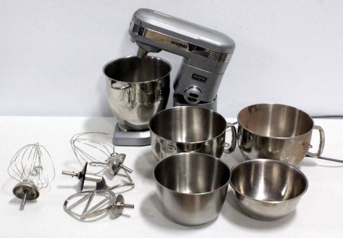 Waring 7 Qt. Commercial Countertop Mixer With Bowl And Attachments, Powers On, And Additional Mixing Bowls (4)