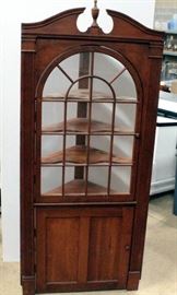 Corner Curio Hutch, Arched Glass Door to 4 Shelves and Solid Wood Bottom Door to Single Shelf, 39"W x 89"H x 18.5"D