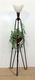 Metal 3 Leg Floor Lamp With Brass Flower Pot 55"H, Powers On