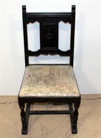 Wood Back Chair With Needlepoint Seat Of Colonial Scene 19"W x 37.75"H x 17"D