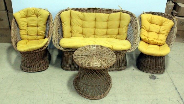 Cane Living Room Furniture Set With Padded Backs And Seats, Includes Love Seat, 2 Side Chairs And End Table