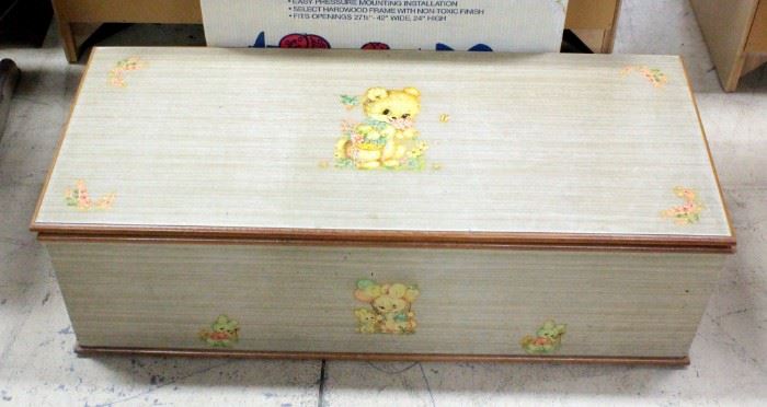 Toy Chest, Solid Wood, Hinged Lid, 41.75"L x 13.5"H x 17.5"D With Assortment Of Toys Included And Nu-Line Pressure Mount Baby Gate In Original Box