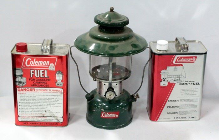 Coleman Lantern 228E, Mantles Intact, And 2 Cans Of Coleman Fuel