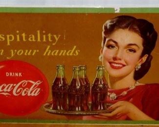 Vintage 1950 Coca-Cola "Hospitality in Your Hands" Cardboard Sign 36" x 20"
