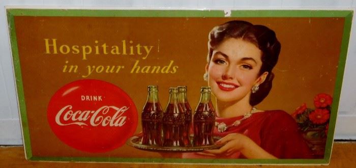 Vintage 1950 Coca-Cola "Hospitality in Your Hands" Cardboard Sign 36" x 20"